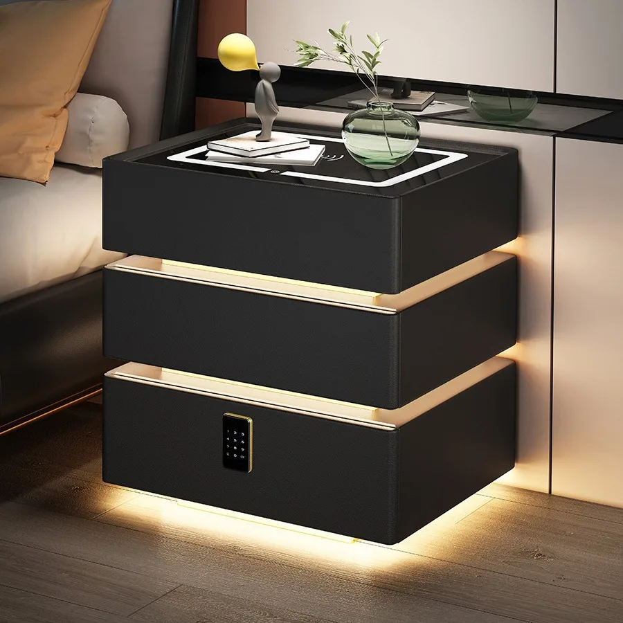 أحدث منضدة عائمة ذكية سوداء مع طاولة بجانب السرير فاخرة وحديثة مع قفل مجمع وأثاث غرفة نوم بثلاثة أدراج