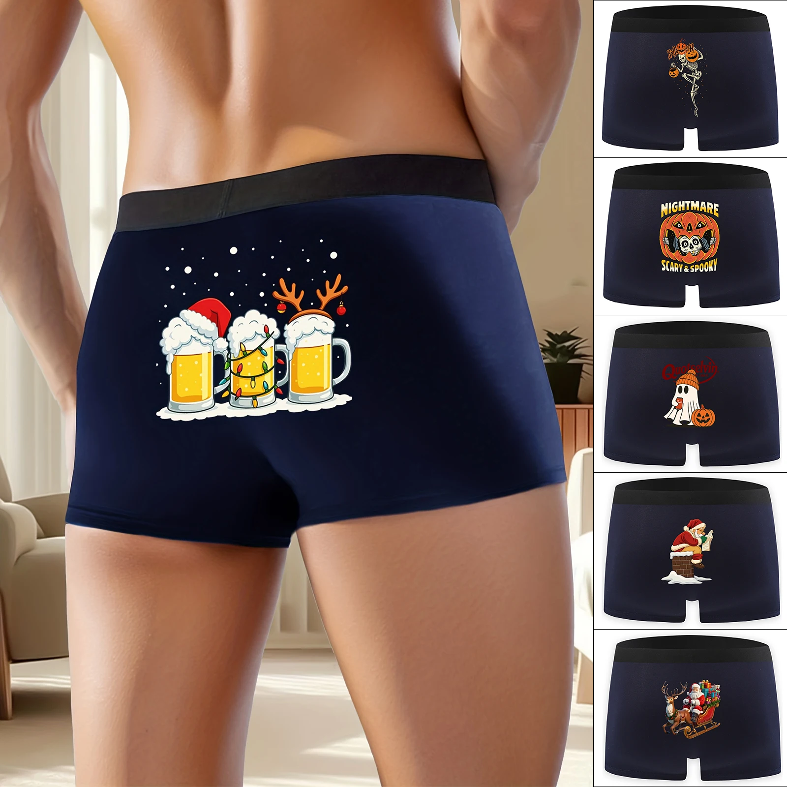 

1 шт., сексуальные мужские боксеры, мужское нижнее белье, боксеры, дышащие мягкие мужские трусы, мужские трусы с рождественским принтом и рождественским принтом, плавки