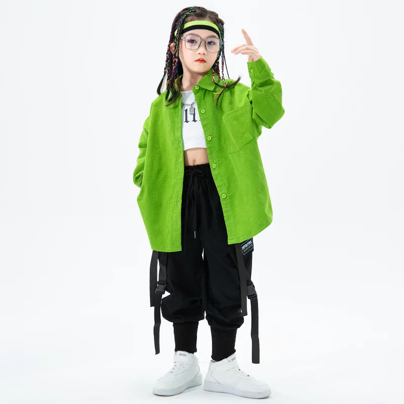 Chłopiec Kpop odzież Hip hopowa zielona koszula z długim rękawem duży Top czarne spodnie taktyczne dla dzieci Streetwear Girls Jazz kostium taneczny