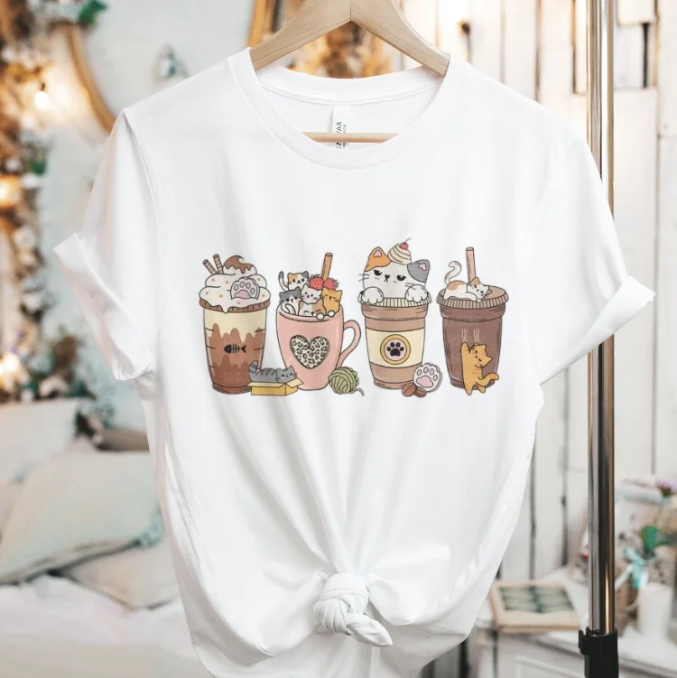 Halloween Cartoon Funny Tshirt Coffee Cat Casual Cute Trendy T-Shirt Cartoon Fun Cute O-Neck Retro Print Loose Plus Size T-Shirt