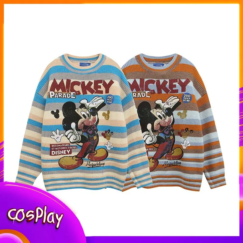 

Свитер в стиле ретро с Микки Маусом, полосатый свитер с круглым вырезом и рисунком Диснея, свободный вязаный топ унисекс для пар, осенняя модная повседневная одежда, подарок
