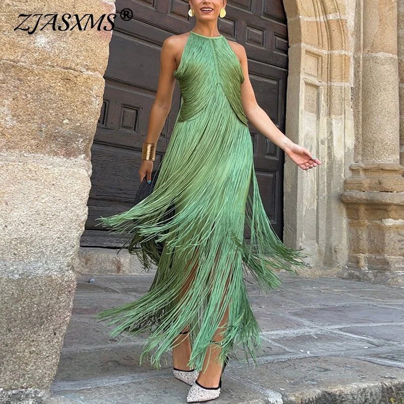 Abiti da donna sexy con canotta cava con scollo all'americana Abito alla moda a vita alta con nappe sottili Abiti da festa Abiti lunghi Boho senza maniche estivi