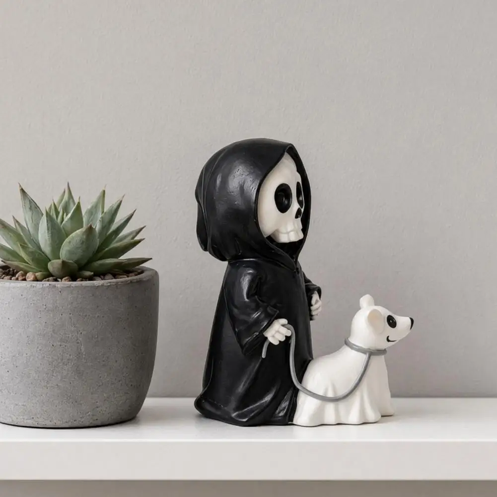 3d Carved Skeleton Decoration Grim Reaper Resin Figurine with Ghostly Puppy Black Robed Skeleton Halloween Statue Dark Desk