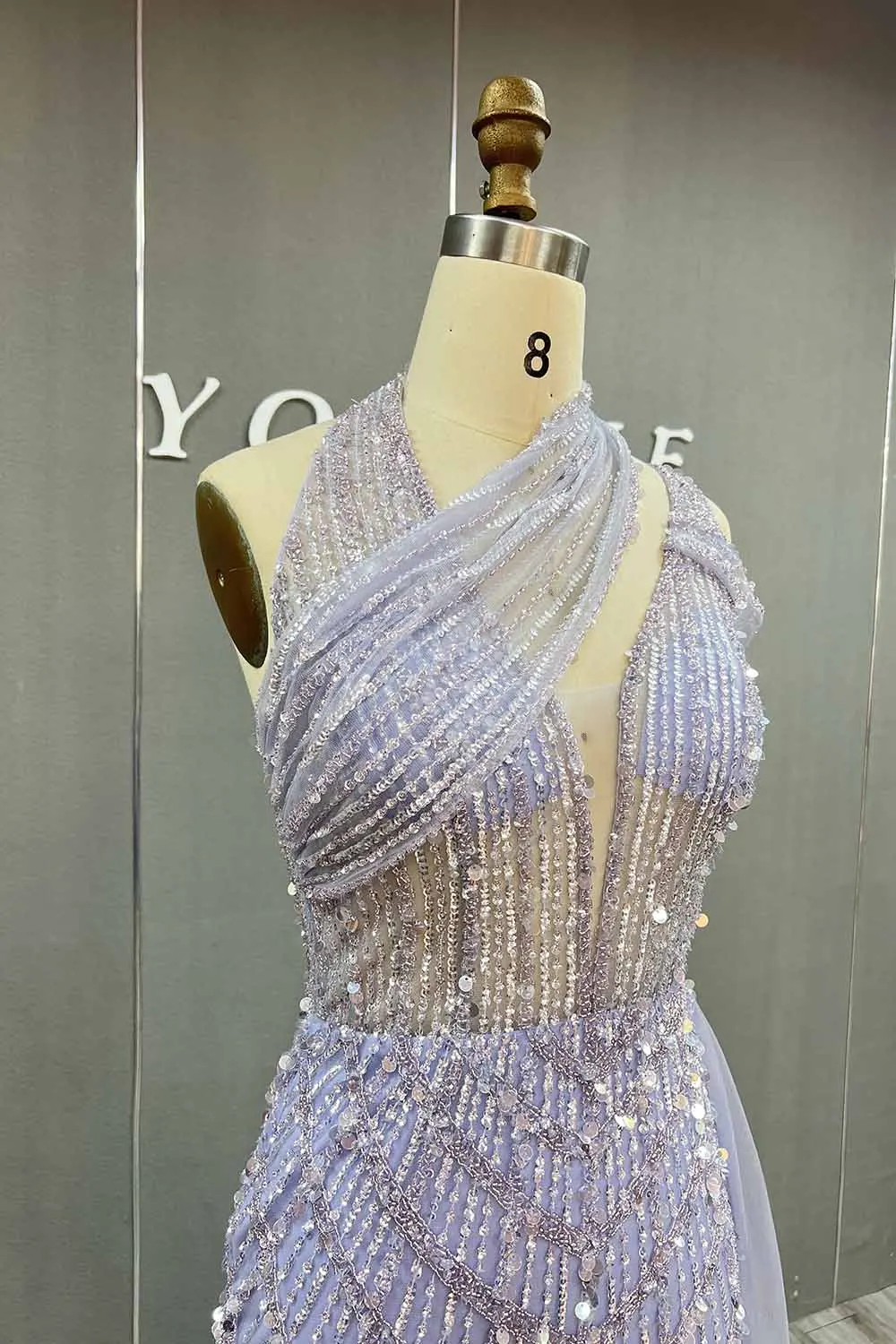 YQLNNE Unique Lavender Beaded Evening Dresses Long Mermaid Halter Tulle Sequins Formal Party Gown