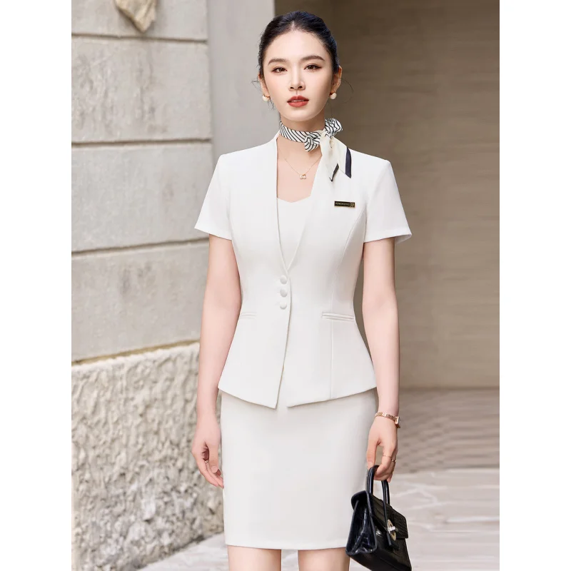

Dark blue collarless women's summer short-sleeve professional suit, business style, high-end slim-fit workwear formal attire