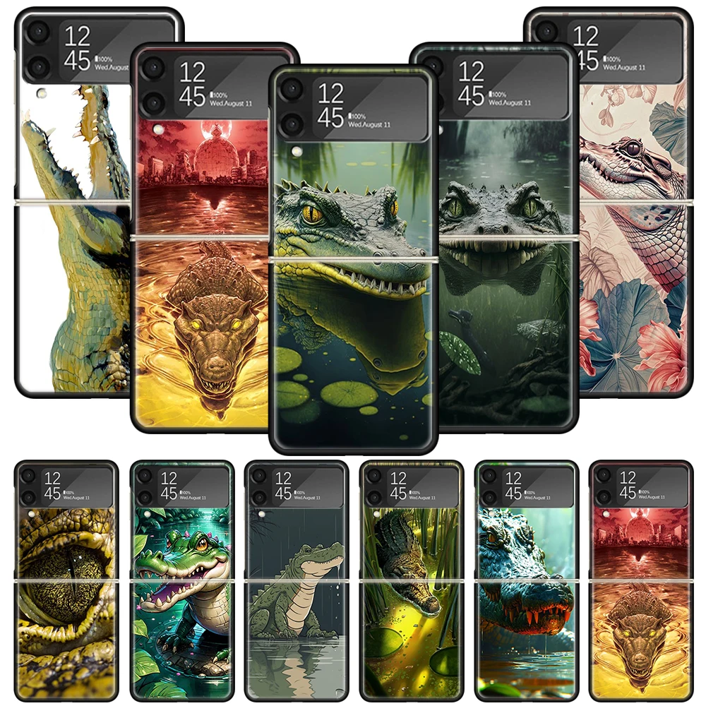 Crocodile Animal Phone Case For Samsung Galaxy Z Flip 6 5 4 3 5G Shockproof Cover Z Flip6 ZFlip5 Flip3 Flip4 Luxury Shell Galaxy