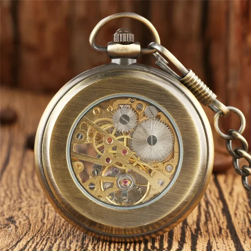 Bronze Style Men Women Mechanical Hand Winding Pocket Watch Roman Number Timepiece Fob Chain Skeleton Clock Relogio De Bolso