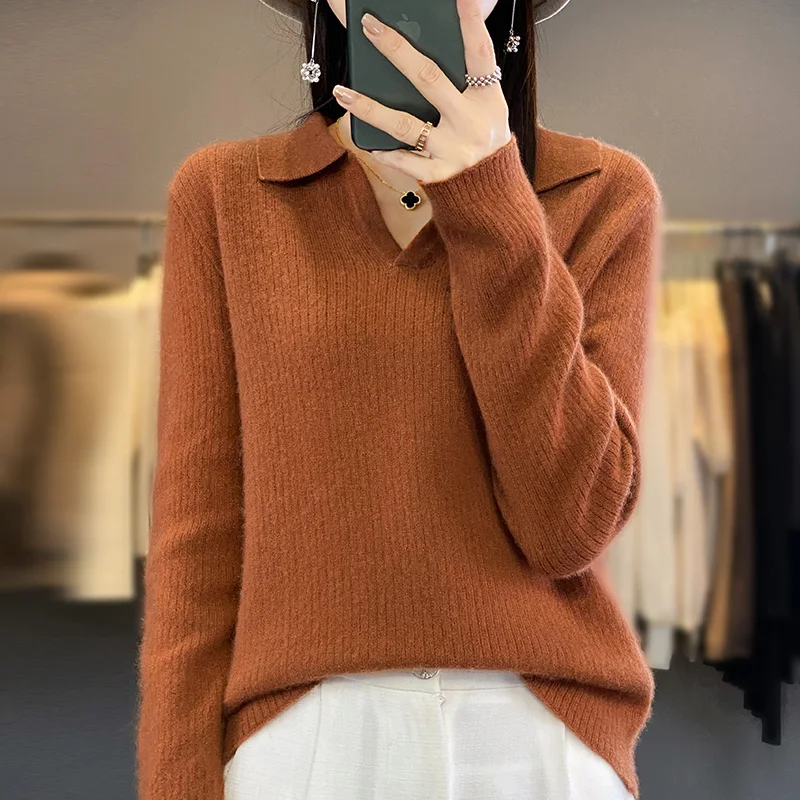 

New Autumn Winter Women's Polo Pullovers V-Neck Sweater 100% Merino Wool Knitwear Warm Casual Korean Popular Female Clothes Tops