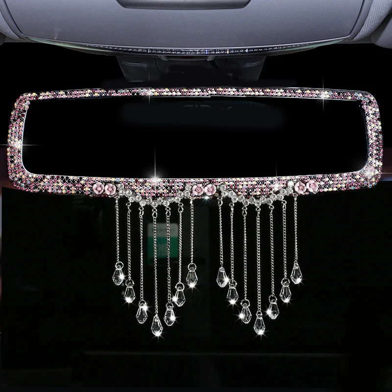 Creative Rhinestone Tassels Car Interior Rearview Mirror Decoration Charm Flower Crystal Rear Mirror Ornaments Car Accessories