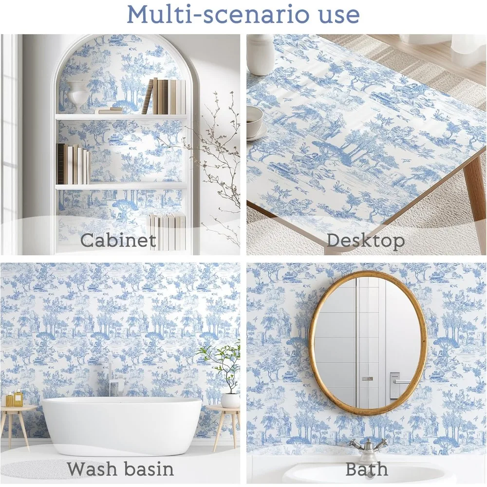 ورق جدران تويلي باللونين الأزرق والأبيض مقاس 17.7 × 590، ورق اتصال مستوحى من الفرنسية العتيقة، نمط جوي التقليدي