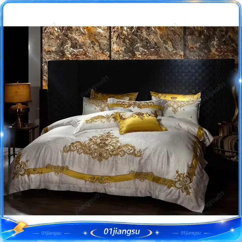 1000TC Egyptian Cotton Bedding Set Luxury White Golden Embroidery Duvet Cover Ultra Soft Chic Bedspread Pillowcases 4 6 10