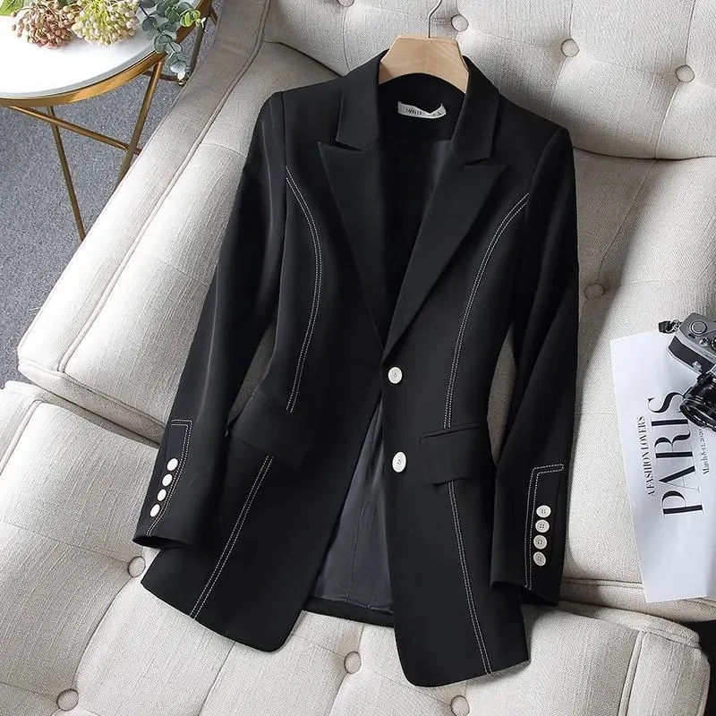 Bright Line Decoration Suit Jacket Women\'s 2023 New Spring Autumn Women\'s Clothing Fat Sister Slim Thin Blazer Suit Jacket Top