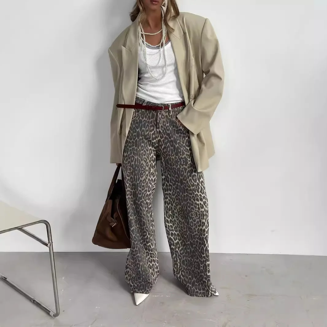 Leopard print wide leg pants 2024 autumn new Y2K loose casual floor mopping leopard print wide leg pants