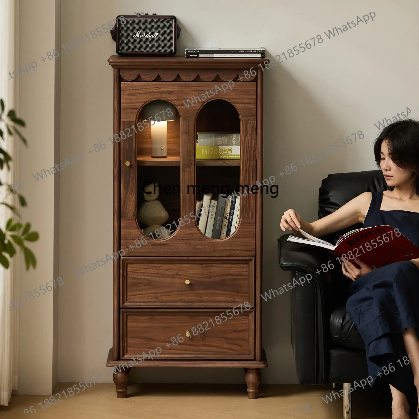 

North American Black Walnut Wine Cabinet Living Room Glass Door Storage Organizer Display TV Cabinet Side Cabinet