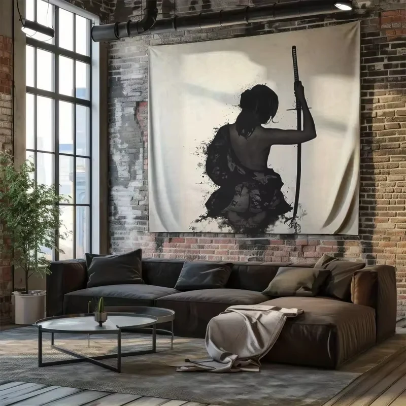 نسيج قوطي داكن فانتسي، تصميم محارب الساموراي لديكور جدار غرفة الألعاب الفريد من نوعه