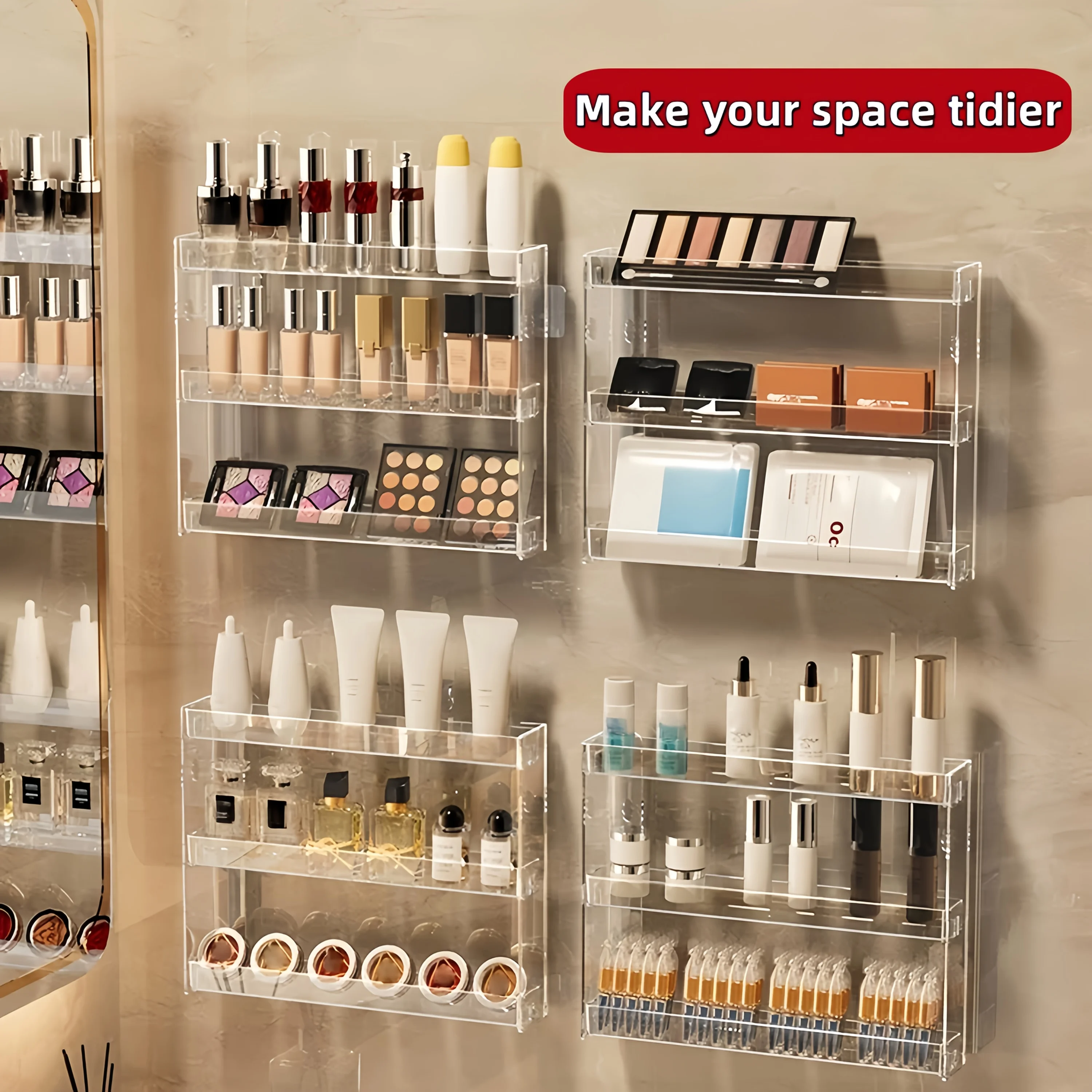 Caja expositor de cosméticos de 3 niveles, respaldo adhesivo para estante flotante, organizador de baño perfecto, cocina y tocador, 1/2 Uds.