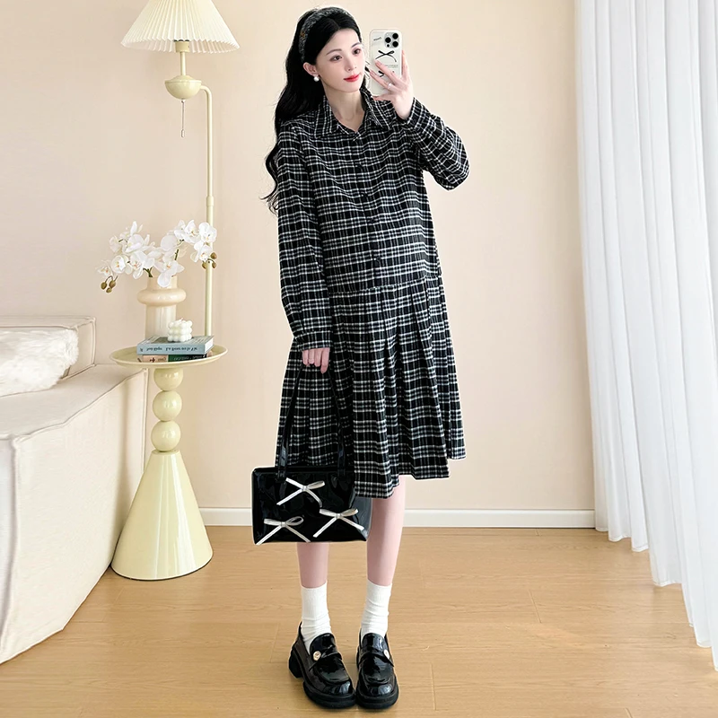 High-Quality Pregnant Women's Plaid Dress Fashionable Loose Turn-down Collar Single-breasted Plus Size Maternity Pleated Dresses