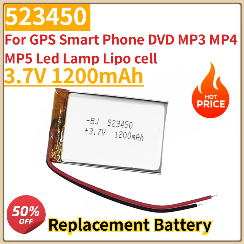 

New 1200mAh 3.7V Polymer Lithium Battery Li-ion Battery 523450 For GPS Smart Phone DVD MP3 MP4 MP5 Led Lamp Lipo cell