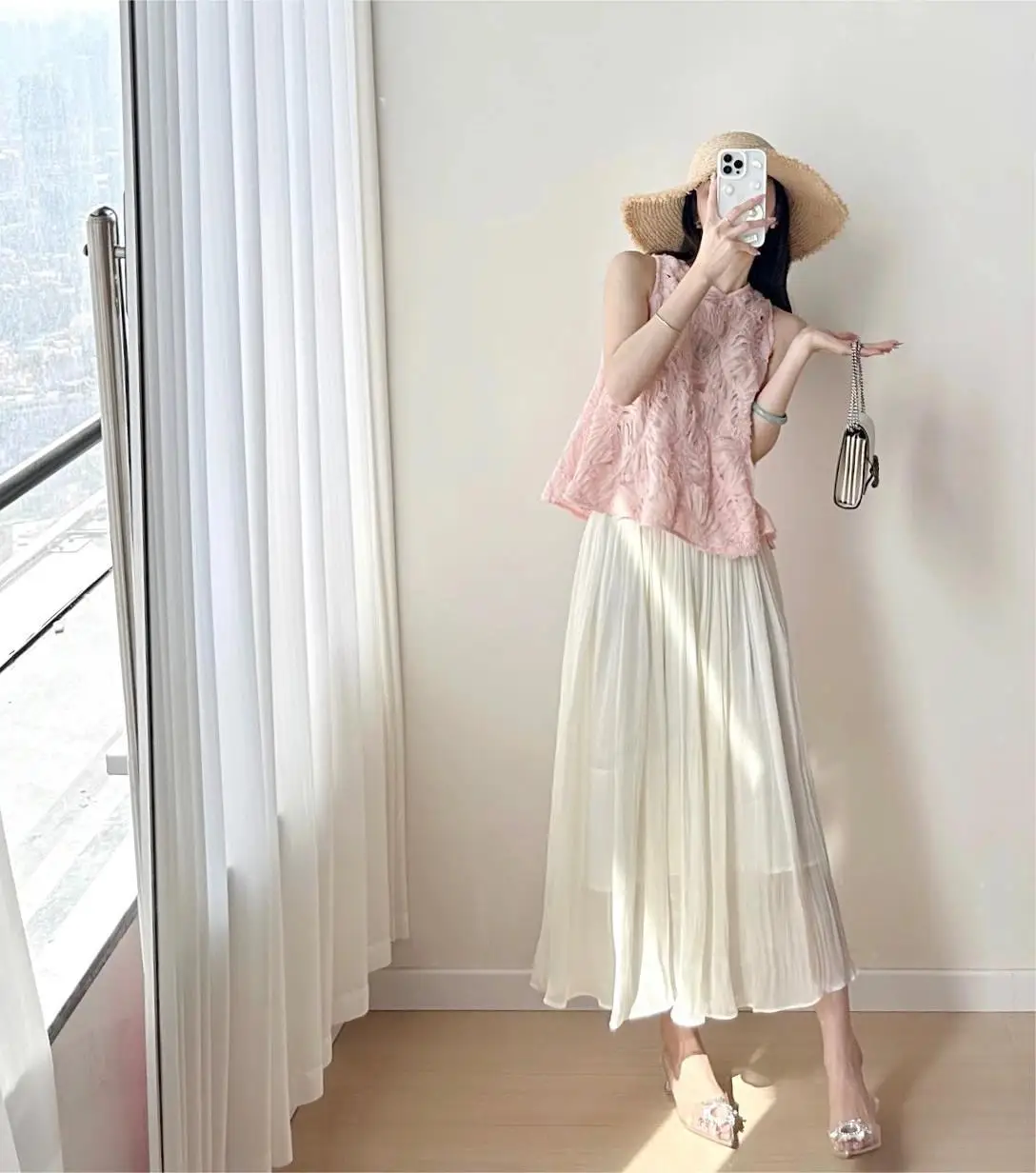 French Elegant Commuter Round Neck Sleeveless Pink Top Shirt High Waist A-line Pleated Long Skirt Fashion Two-piece Set Women