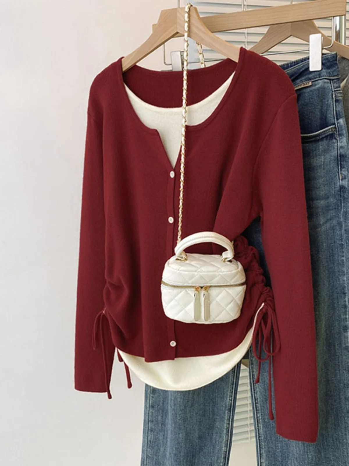 Red Knitted Sweater Women's Spring Large Size Fat MM Can Wear outside Inner Match Drawstring Top Irregular Korean Style