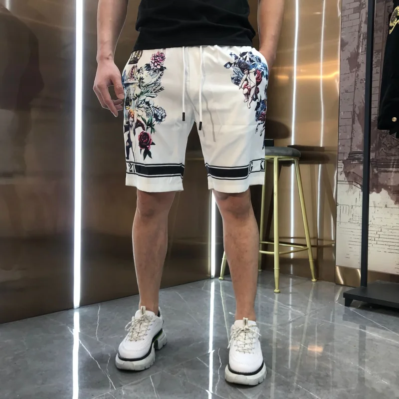 

Summer Digital Angel Print Qui Dry Five-Quarter Beach orts Men's Trendy Spor Casual Pants Straight Leg mid Waist