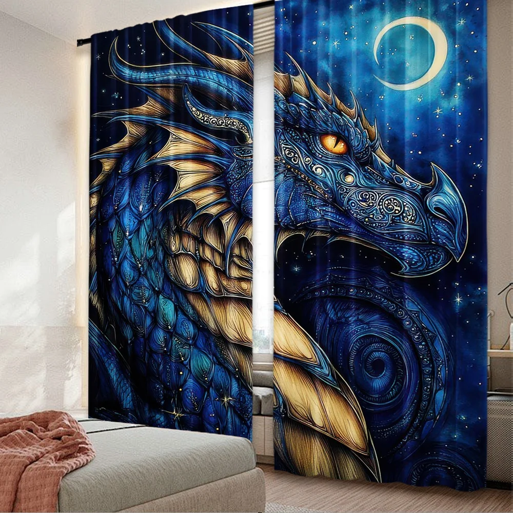 

2D плоская цифровая печать, 2 шт., шторы с изображением сказочного синего дракона, полиэстеровые занавески для спальни, для дня рождения