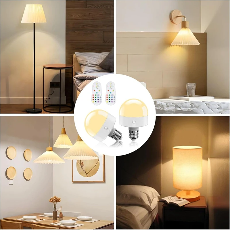 DT16 2 Pack E26 Rechargeable Light Bulb with Remote and Timer, Battery Operated LED Bulb 3 Color Temperatures RGB