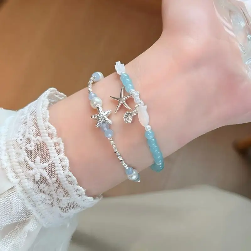 Beaded Bracelet Starfish Shell Pendant Summer Vacation Beach Boho Chic Lightweight Durable Premium Alloy Hypoallergenic Women