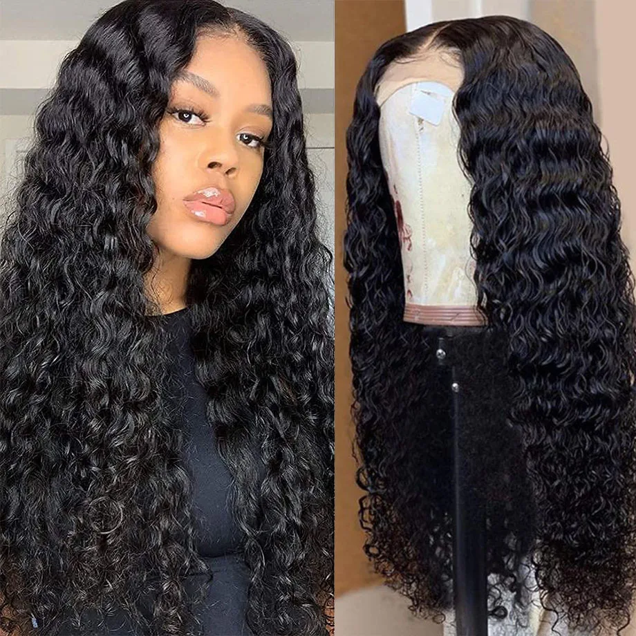 Deep Wave Frontal Wig 13x4 Transparent Lace Frontal Wig PrePlucked 28 30 Inch Deep Curly Lace Front Human Hair Wigs For Women