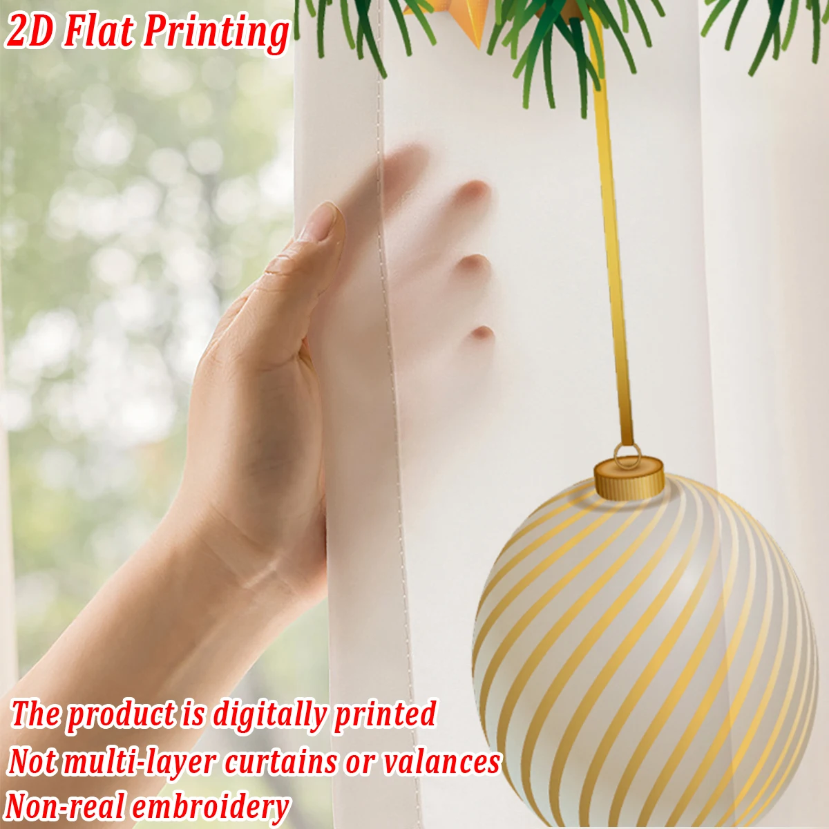 Christmas Flat Printing Sheer Curtain with Christmas Ball Star Pine Branch Berry for Living Room Bedroom Decor Holiday Party