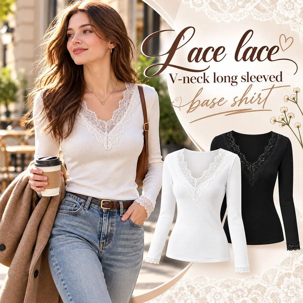 Solid Color V-Neck T-Shirt Scalloped Cuffs Lace Splicing Lace Patchwork Top Stretch Slimming Navel Exposed Ribbed Knit Top