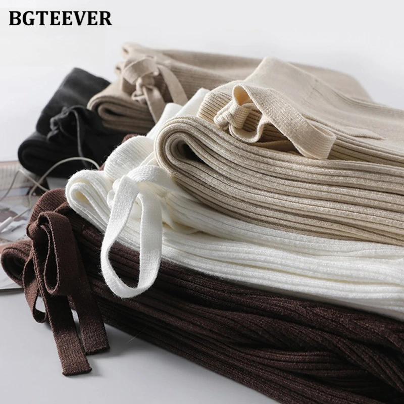 BGTEEVER Autumn Winter Lace-up Knitted Wide Leg Trousers Women Casual Elastic Waist Loose Female Drawstring Sweaters Pants