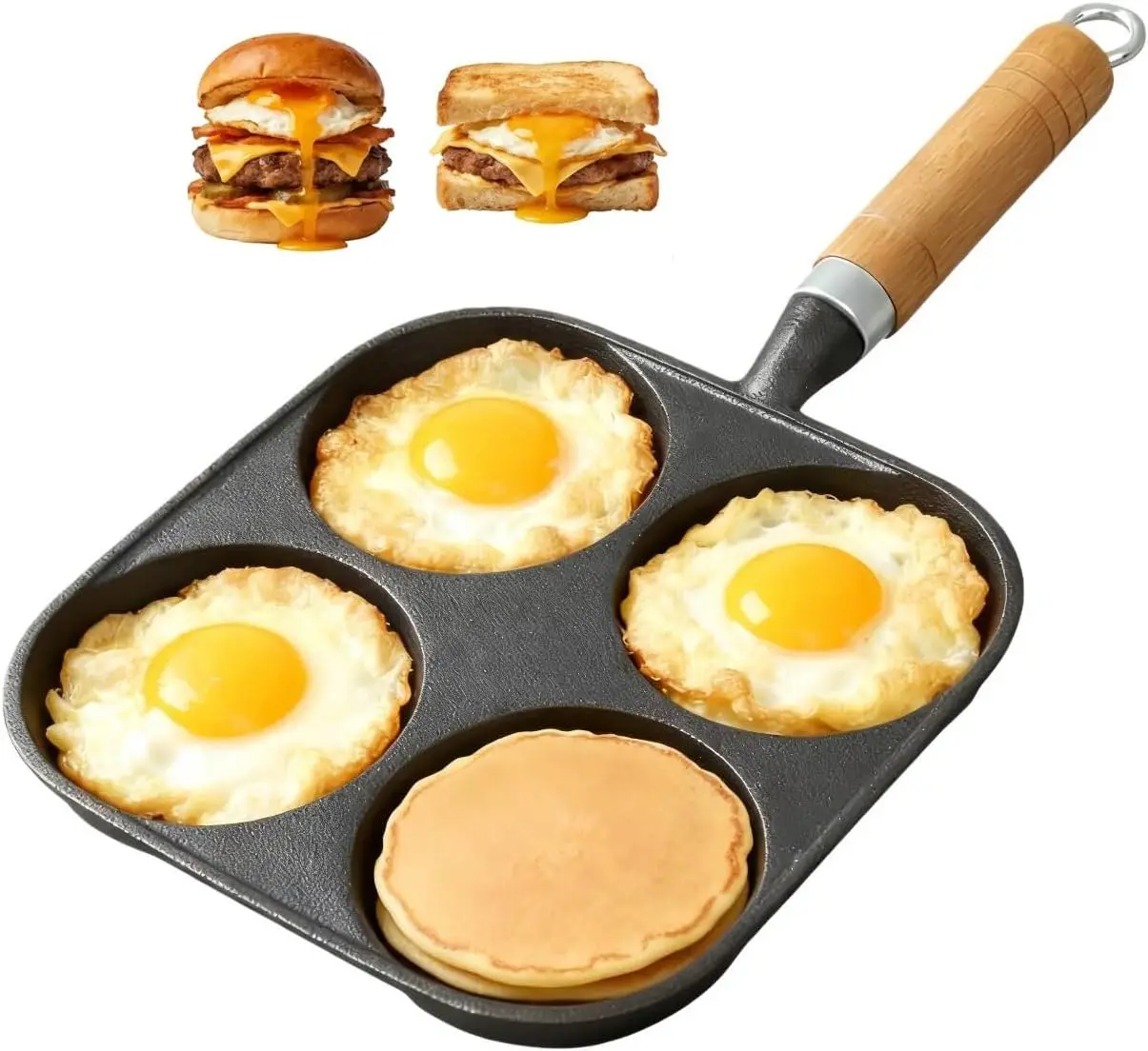 Sartén de Hierro Fundido para 4 Huevos, Sartén con 4 Orificios para Huevos y Panqueques, Apta para Estufas de Gas e Inducción