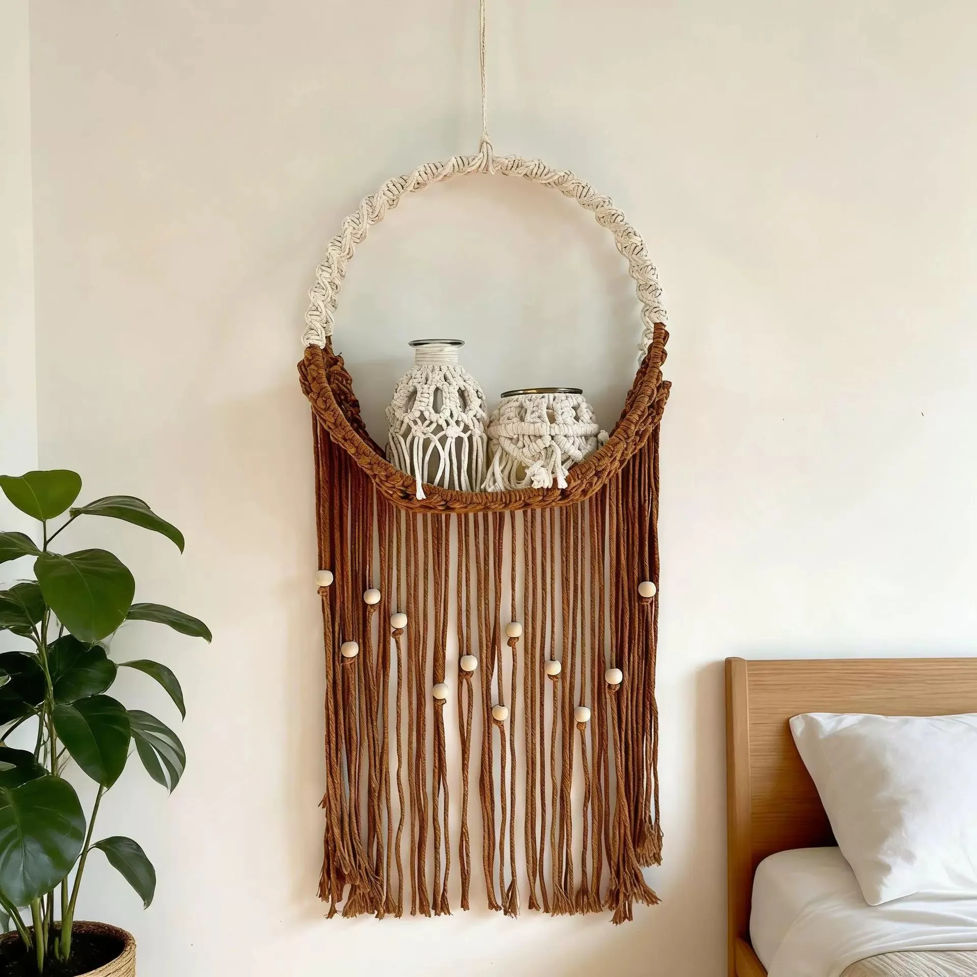 

Настенный декор в скандинавском стиле: коричневый плетеный сетчатый мешок-кашпо для растений, подвесной держатель для зеленых растений, настенная подставка, художественный декор для стен