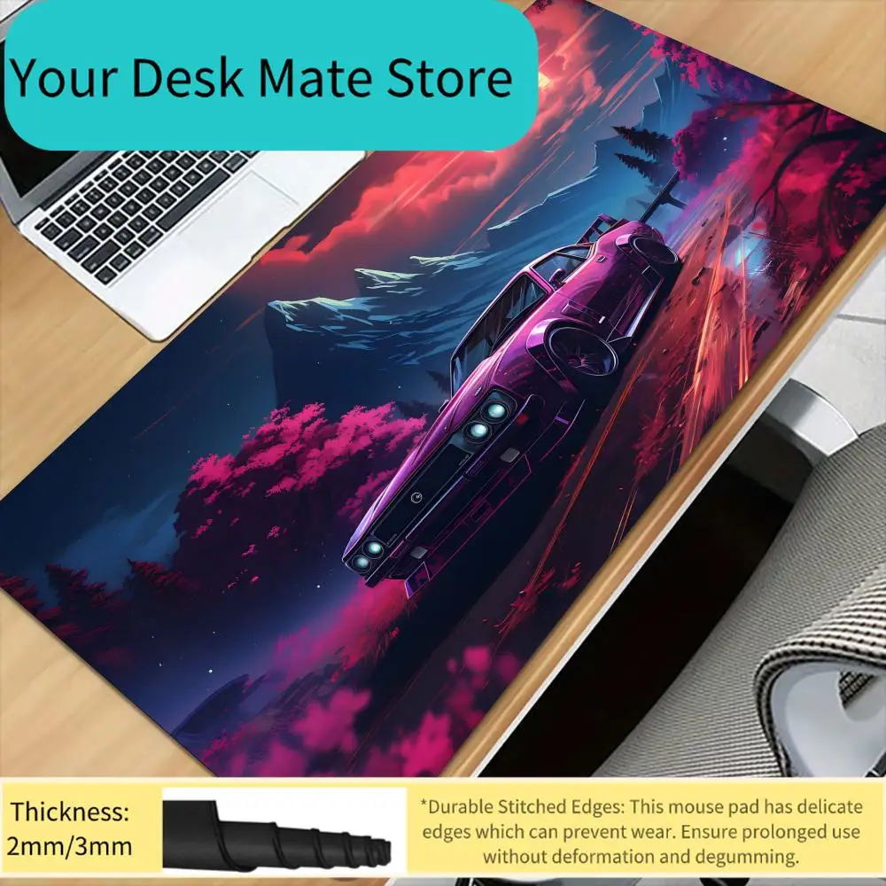 Large Extended Gaming Mouse Pad, Neon Cyberpunk Car in Desert Sunset, 2mm/3mm Thick, Durable Stitched Edges