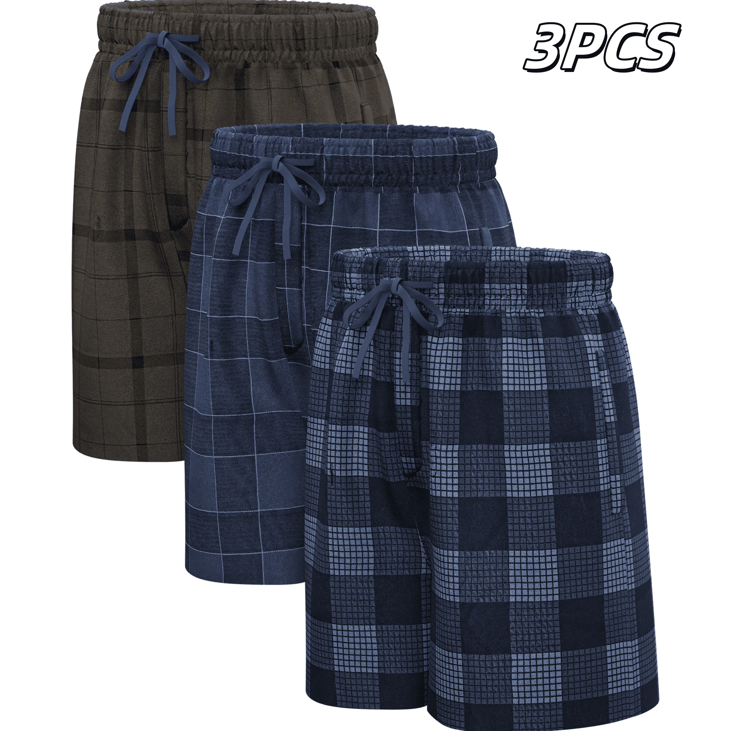 3pcs Mens Woven Pajama Pants 100% Cotton Classic Plaid Casual Sleepwear Shorts Comfort Loose with Drawstring Pockets