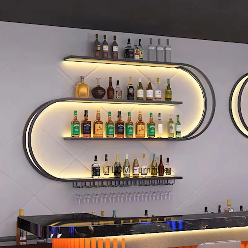 

Nordic Iron Art Wine Cabinets with Light Wall Mounted Wine Rack Creative Geometric Art Restaurant Showcase for Bar Furniture