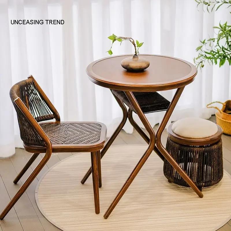 

Balcony Table And Chair Rattan Walnut Simple Retro Chinese Style Leisure Bar Combination Outdoor Storage Tea Table Rattan Stool