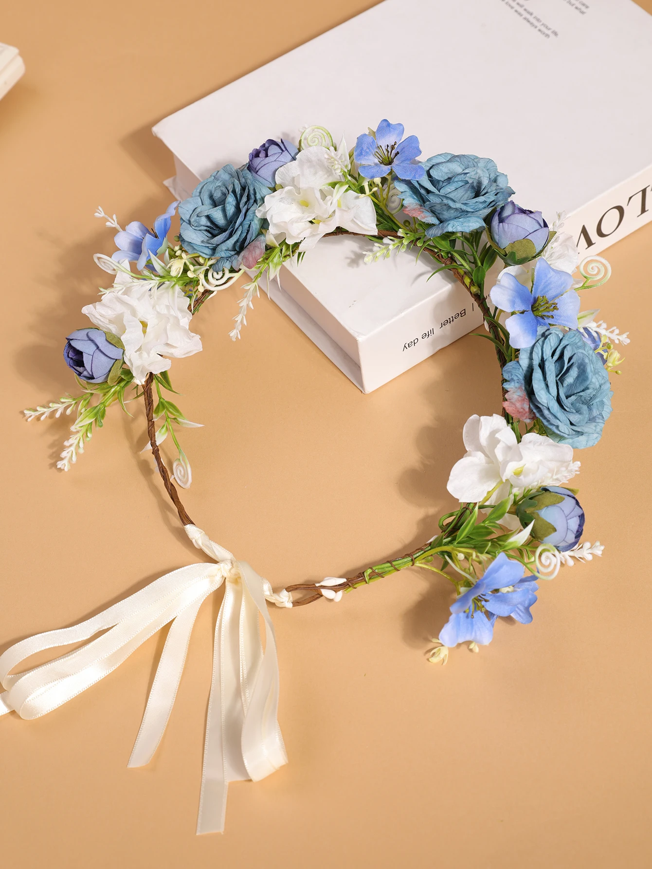 Simulierte Rosenblüten-Girlande als Kopfschmuck - Bohemian-Style Verstellbares Band-Haarband - Geeignet für Brautjungfern, Hochzeiten, Porträts – Detail 19