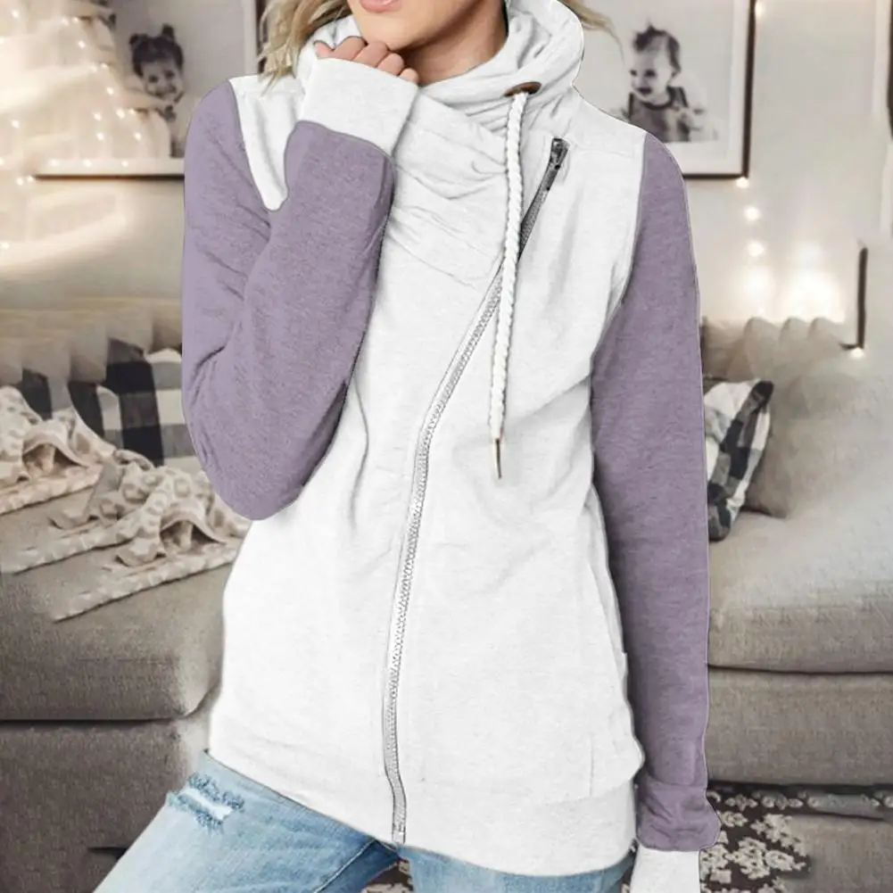 Warm  Stylish Women Color Matching Hooded Jacket Coat Lightweight Hoodie Jacket Zipper Closure   for Home