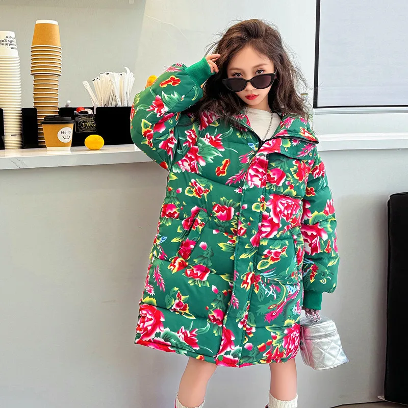 

Flower cotton coat for girls, winter new style, children's thick warm cotton coat, girls' big children's autumn and winter North