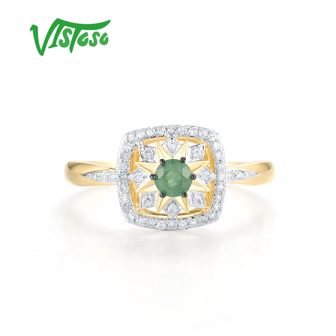 VISTOSO Genunine 14K 585 Yellow Gold Ring For Women Sparkling Diamond Emerald Delicate Square Wedding Engagement Fine Jewelry