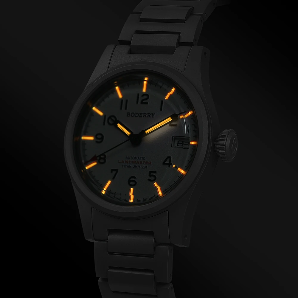 BODERRY Мужские автоматические часы 38 мм Pliot Титановые механические наручные часы для дайвера 100 м Водонепроницаемые купольные сапфировые светящиеся NH35