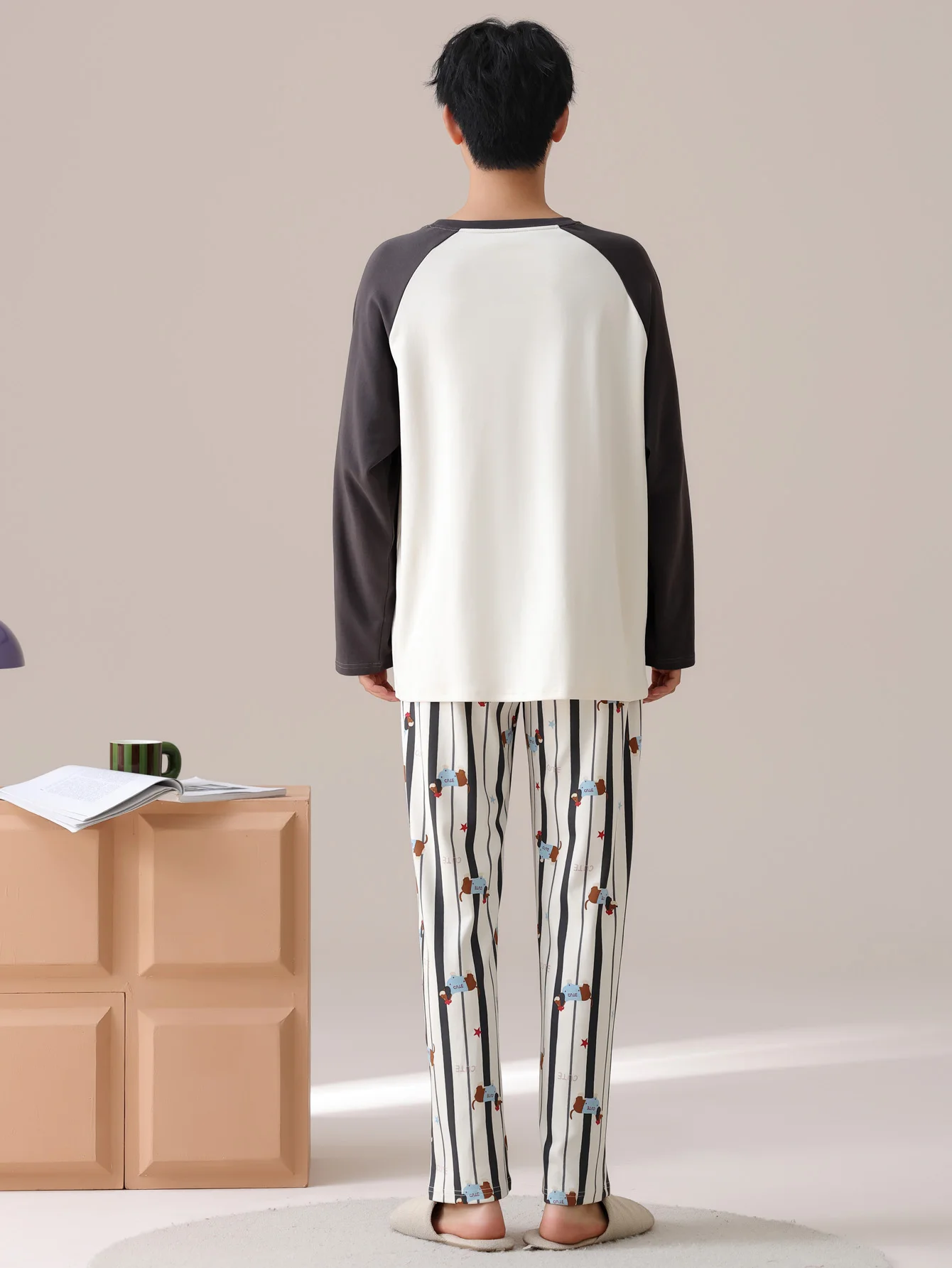 Men's 100% cotton long sleeved four season plus size men's sleepwear, teenage pure cotton home suit set for warmth