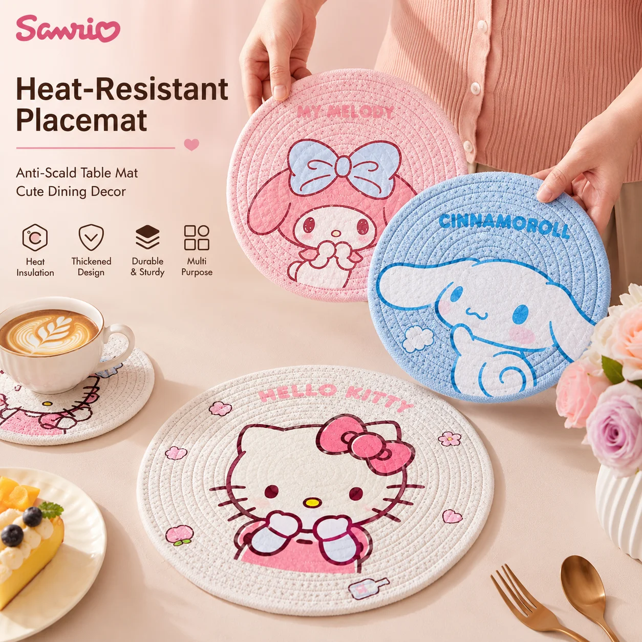 Sanrio gewebte hitzebeständige Tischsets, Cartoon-Tischdekorationsmatte, vielseitige gewebte Matte für Zuhause, Anti-Verbrühungs- und Hitzeunterlage für Hot Pot & Suppenschüsseln