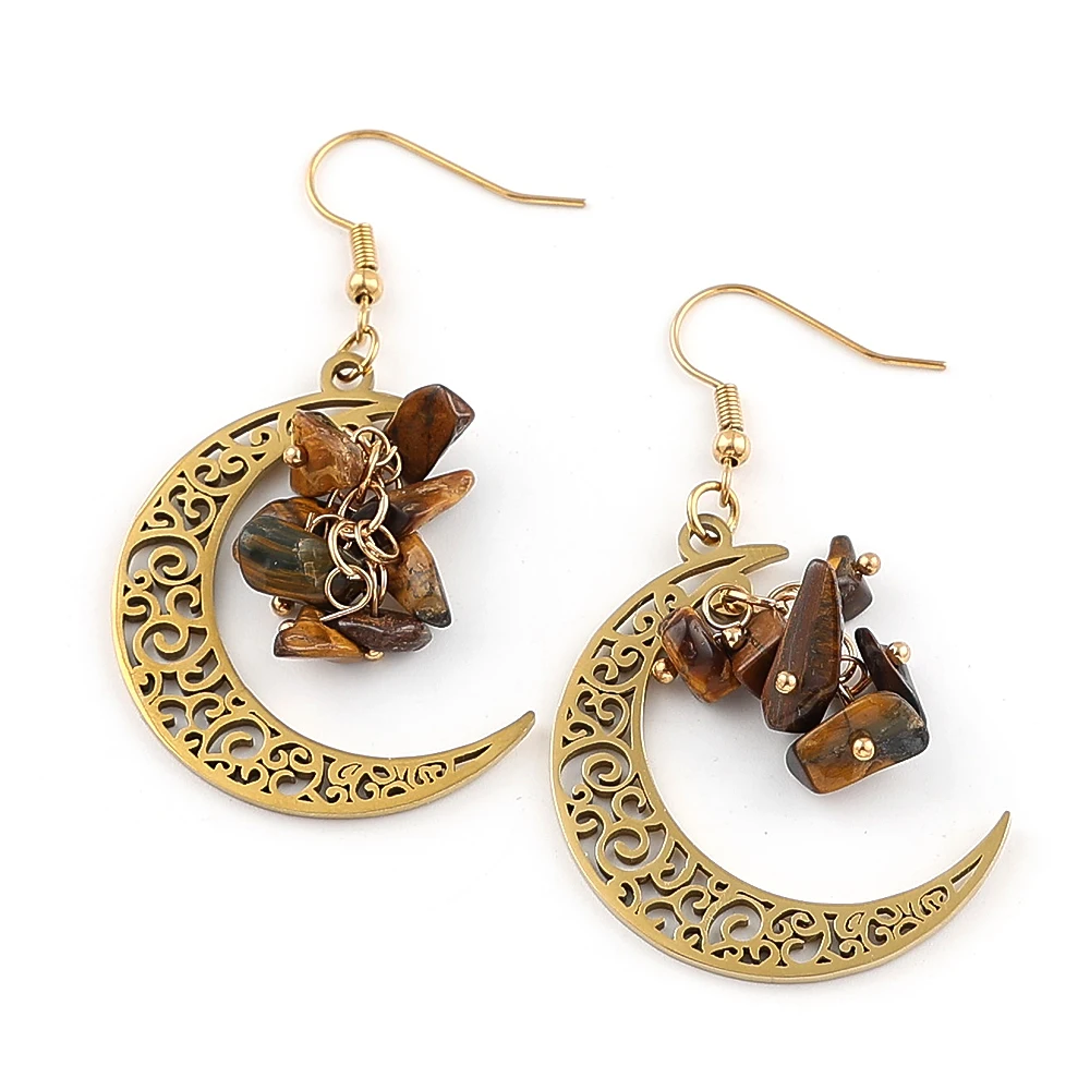 Crescent Moon Natural Tiger Eye Stone Drop Earrings for Women Stainless Steel Witchcraft Witch Crystals Dangle Earrings Jewelry view 2