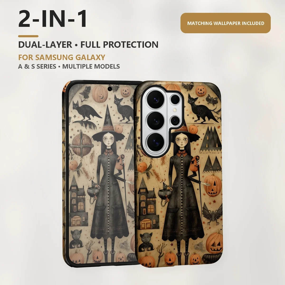 Gothic Witch Illustration 2-in-1 Dual-Layer Phone Case for Samsung Galaxy S26 S25 S24 Plus Ultra FE S20 FE A56 A17 A16 A15