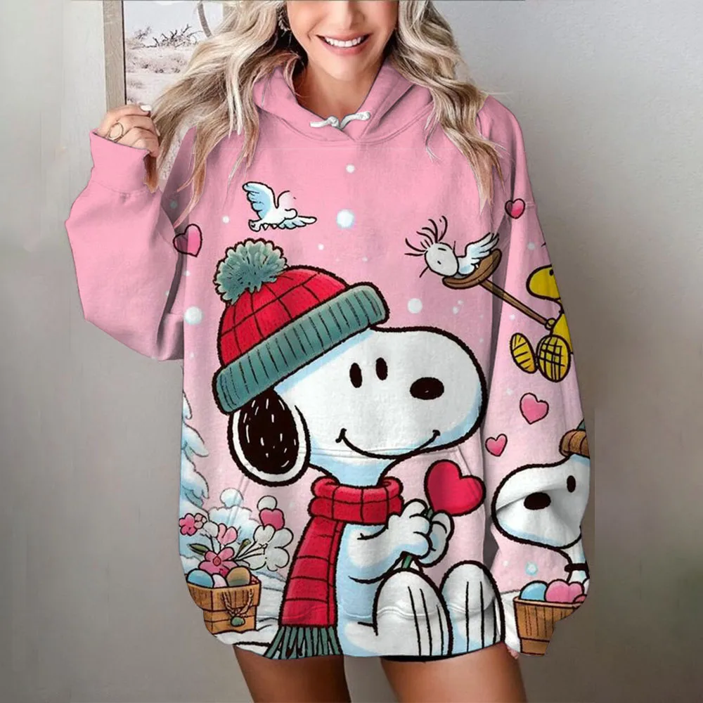 Women's Plus Size Christmas Snoopy print Hoodie Pullover with Contrasting Snowflake Pattern All-Season Stylish Sweatshirt