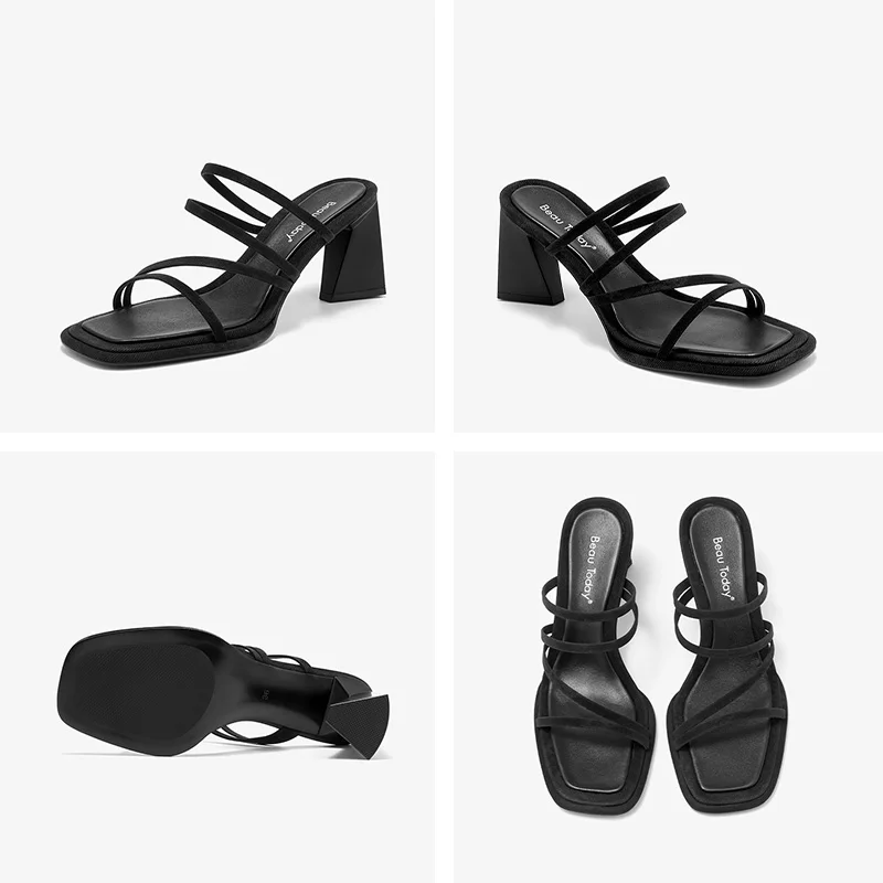 Beautnow sandal wanita kulit sapi asli, sandal selop kulit sapi asli, sepatu ujung persegi musim panas, sepatu 35121 buatan tangan untuk wanita