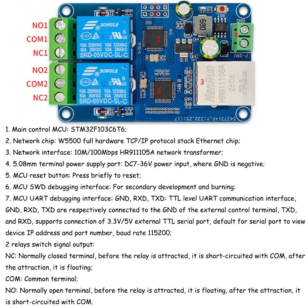 Modbus RTU 2-Channel Ethernet Relay Module W5500 TCP Server LAN Control STM32 Board DC7-36V Power Supply with Indicator Light